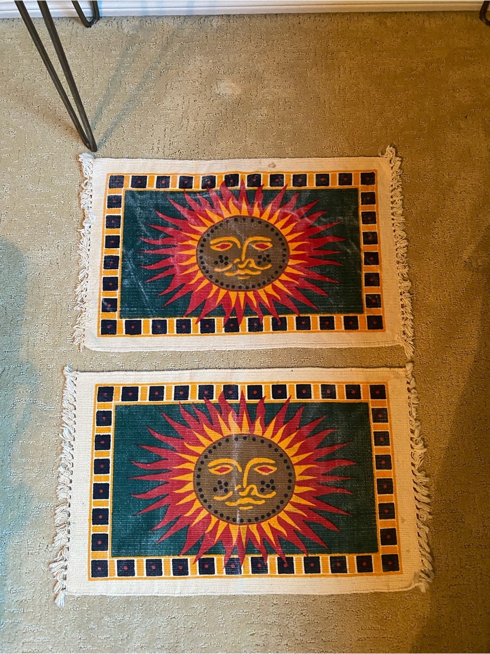 Sun Face Placemats in Teal, Red, Yellow by